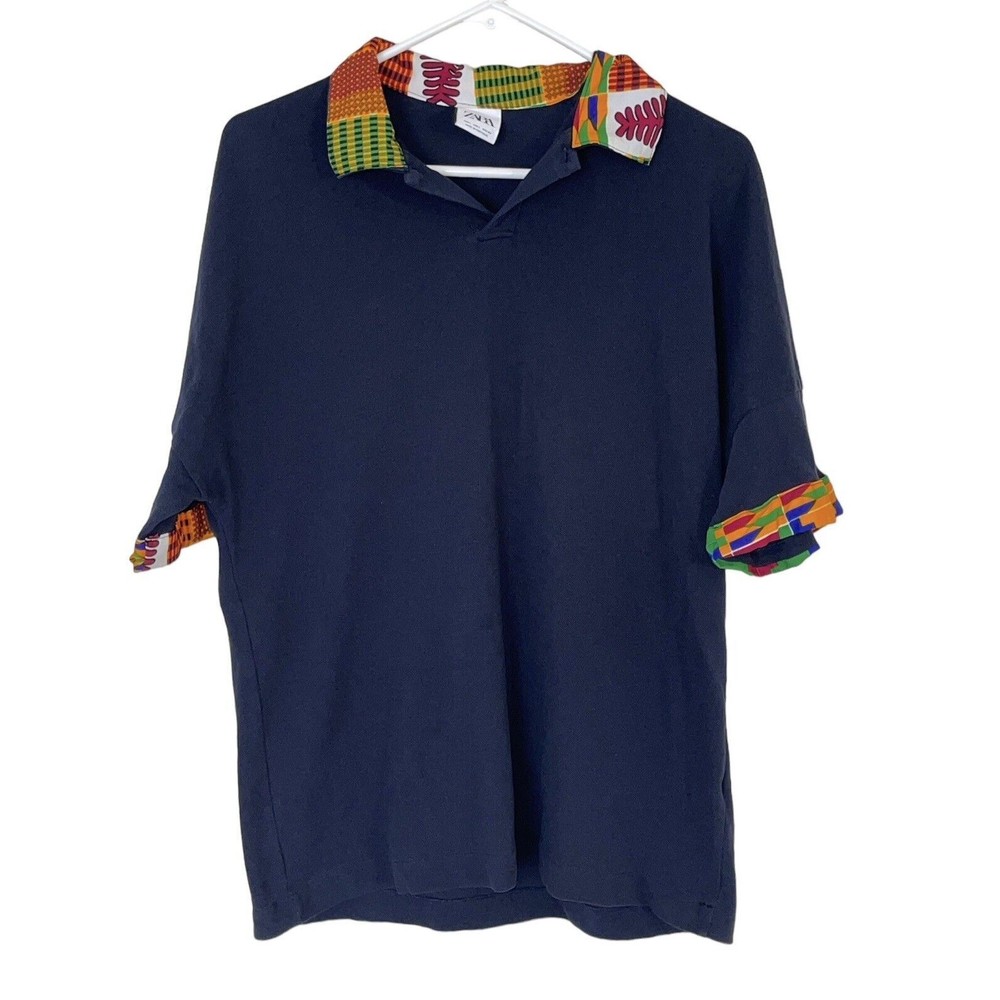 Zara Polo Shirt Men's Large Navy Blue Short Sleeve ￼ African print collar